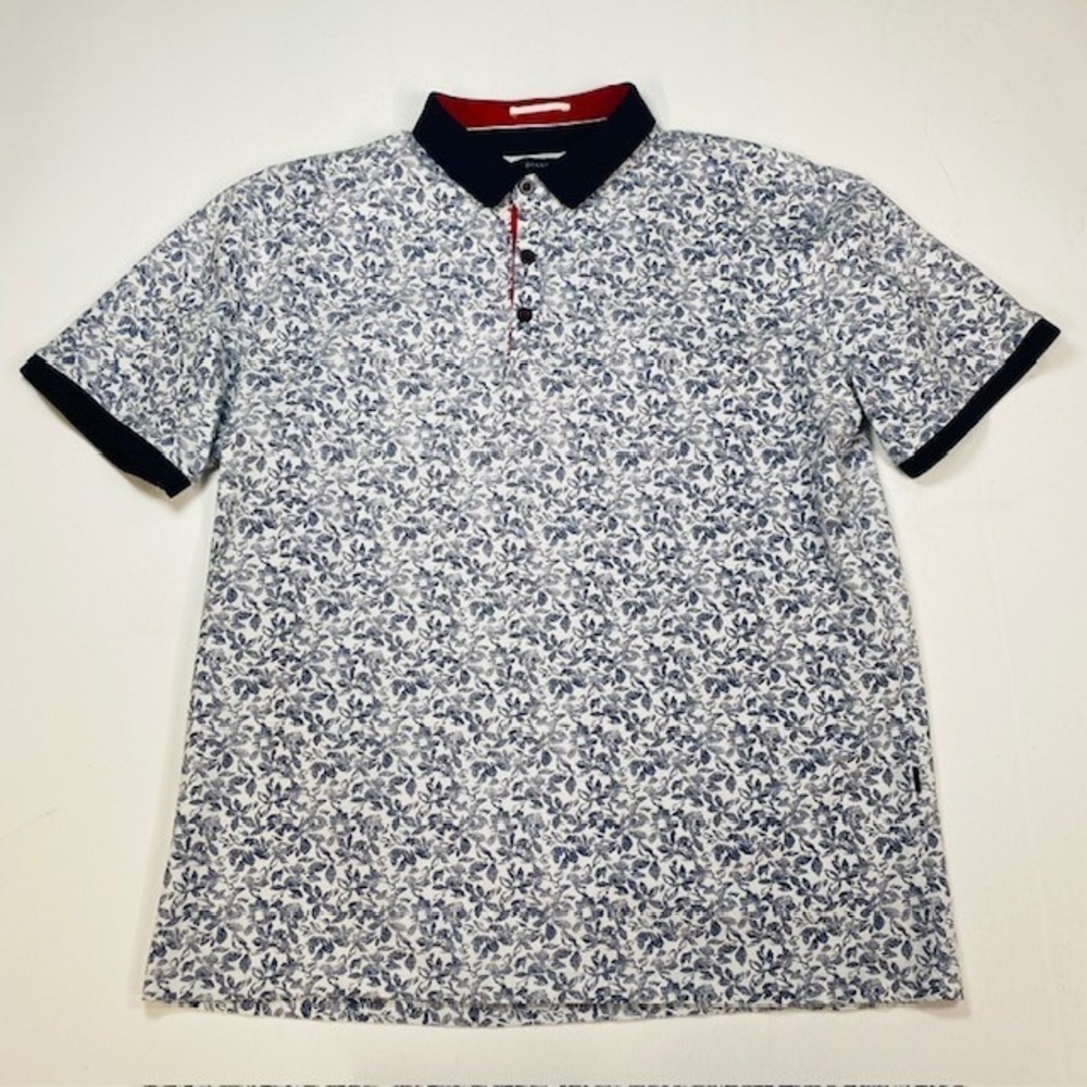 Barabas Mens 2XL Polo Shirt Blue White Floral Leaf Print Short Sleeve Contrast